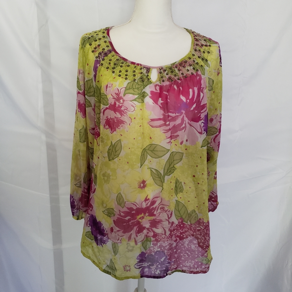 Charter Club Chiffon Floral Smocking Semi Sheer Blouse Size 16P